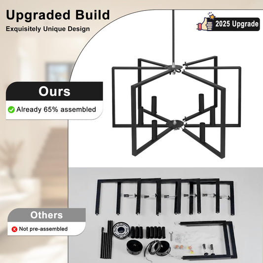 Black Farmhouse Chandelier, 6 Light Geometric Dining Room Light Fixture, Modern Industrial Metal Ceiling Light Rustic Hanging Pendant Lights with E12 base for Kitchen Island Entryway Foyer, Indoor