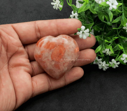 Amazing Gemstone Sunstone Crystal Heart Palm Stone - Pocket Massage Worry Stone for Natural Body Chakra Balancing, Reiki Healing and Crystal Grid