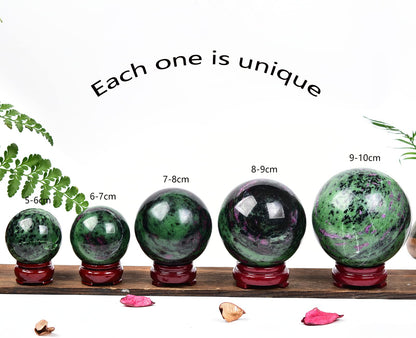 JIC Gem Small Red&Green Treasure Crystal Sphere Ball Natural Ruby Zoisite Healing Crystal Ball with Decoative Stand for Fengshui Meditation Decoation (50-60mm)