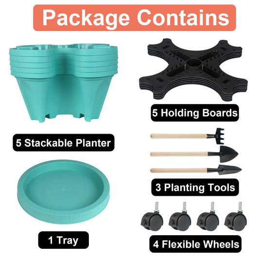 GameXcel Vertical Planter Tower - 5 Tier Stackable Garden Planters with Wheels and Tools Plant Pots for Strawberry Herb Flower and Vegetable Indoor Outdoor Use Teal
