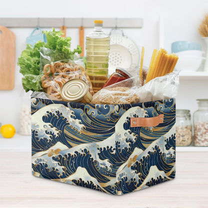 HSYOYO Ocean Waves Japanese Storage Basket with Handles Collapsible Storage Bins Rectangular Toy Storage Organizer Box Fabric Shelf Baskets for Nursery Bedroom Bathroom 1PC