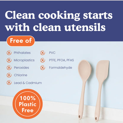 Non-Toxic Platinum Silicone Kitchen Utensil Set of 8 – Non-Scratch Cooking Spoons & Spatulas, 100% Plastic Free, Stainless Steel Core, Heat Resistant 500°F, Beige