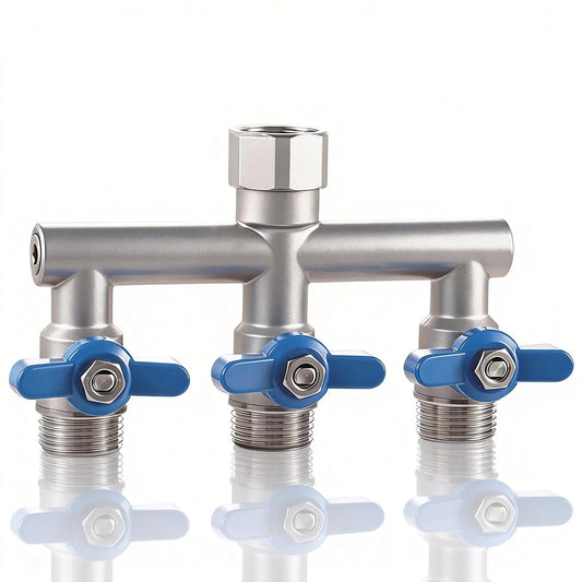 304 Stainless Steel Garden Hose Splitter 3 Way Heavy Duty, Full Flow T Valve Water Hose Splitter With 2.1" Extra Long Handle, Lead-free，3/4" GHT Thread Connector For Outdoor Spigot Faucet
