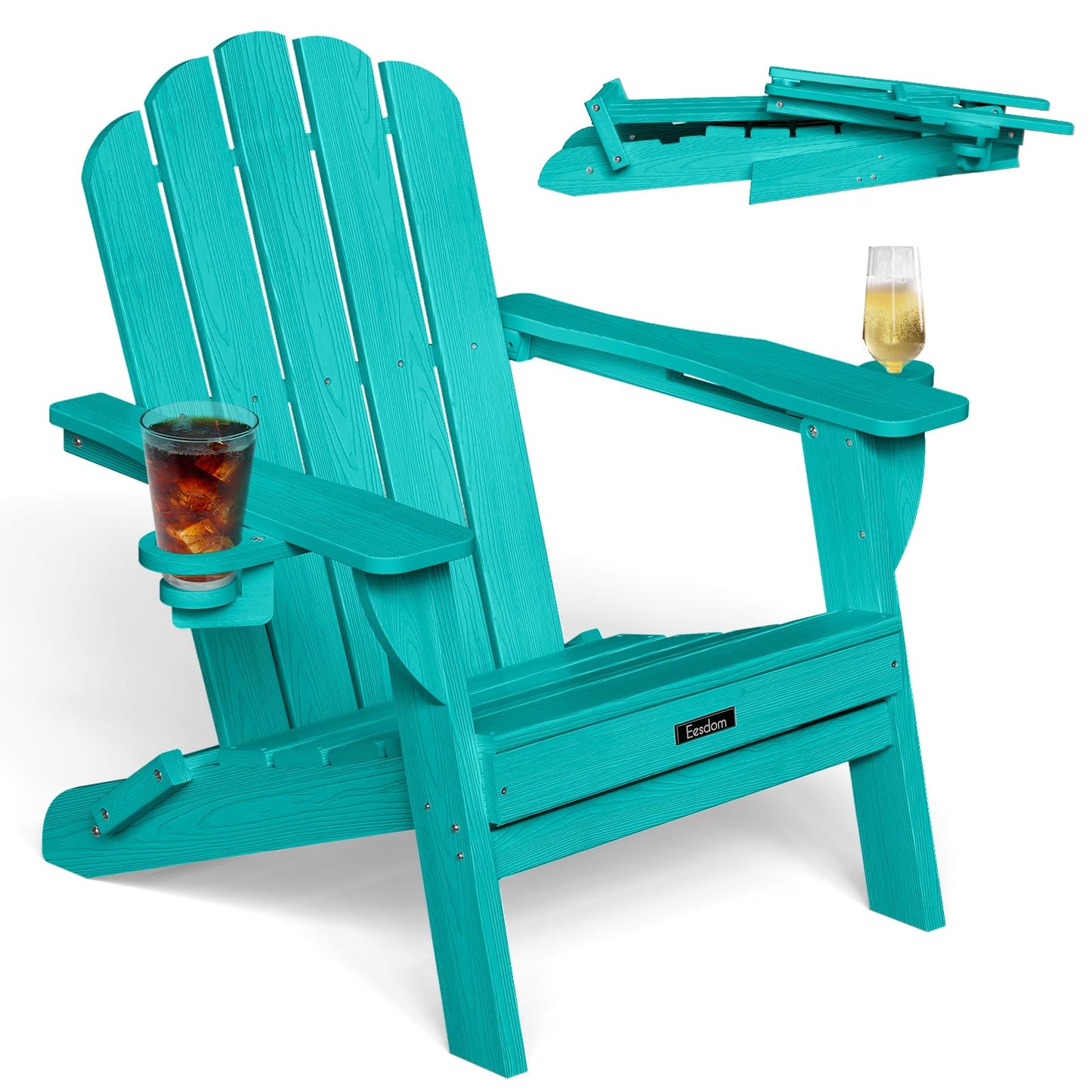 Eesdom Folding Adirondack Chair, HDPE Adirondack Chair with 2 Cup Holders, Pre-Assembled Outdoor Fire Pit Chairs for Patio, Garden, Poolside, Lakeblue