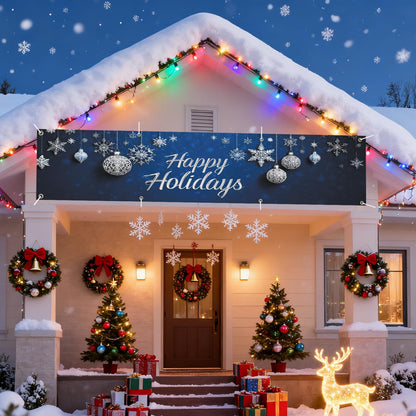 Happy Holiday swith Snowflakes and Ornaments Banner 10x3 Ft - Outdoor Christmas Decor with Interactive Illusion of Santa Emerging, Fun Holiday Display