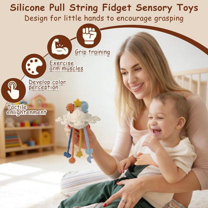 TYRY.HU Silicone Baby Sensory Montessori Toys,Silicone Pull String Fidget Toys for Babies 18 Months+, Travel Toy for Plane, Car, and Stroller, Early Educational Fine Motor Skills Toy for Toddlers