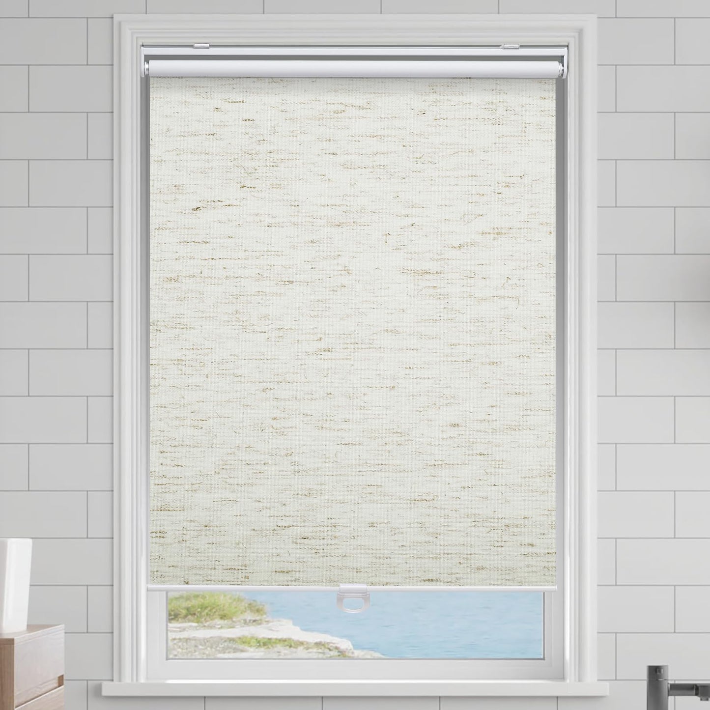 Cordless Roller Shades Blackout Blinds for Windows Room Darkening Rolled Up Shades with Spring System, UV Protection Natural Linen Fabric Window Shades Door Blinds for Home（23" W x 72" H, Linen Cream