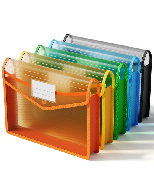 ThinkTex Plastic Expanding File Folder, Transparent Envelopes with Snap Closure, No Dividers, Large Capacity, Assorted Colors, Fits Letter / A4 Size - 5 Pack
