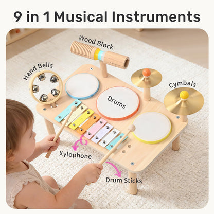 WINGYZ Kids Drum Set – 9-in-1 Montessori Toys for 1-3 Year Old & Wooden Musical Instruments for Toddlers, Baby Musical Toys with Drums, Xylophone, Helps Hand-Eye Coordination, Gift for 1-3 Boys Girls