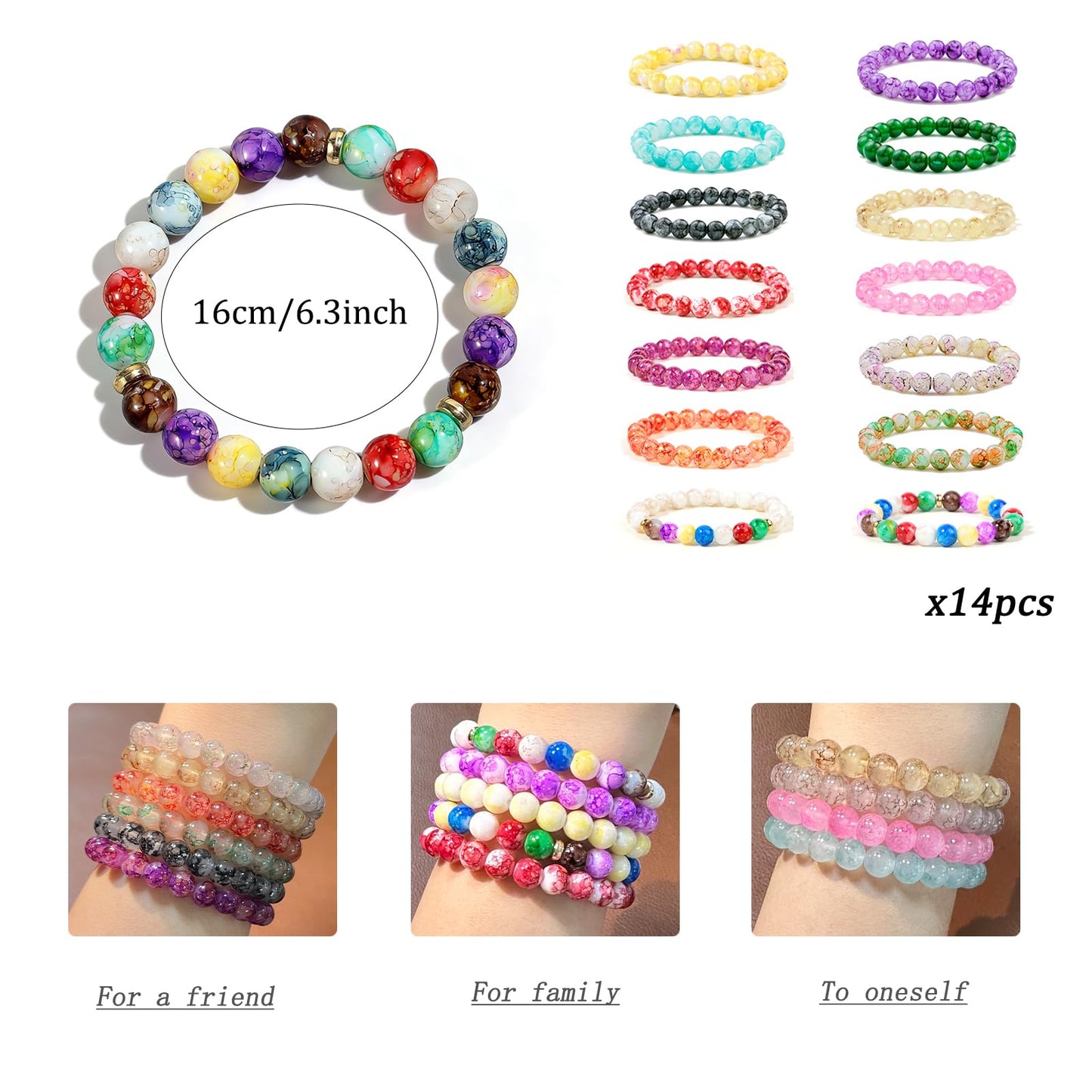 Gorgeoos 14Pcs 8mm Multicolor Crystal Beaded Bracelets for Women Men Stretch Chakra Healing Gemstone Elastic Bracelets Set Unisex Yoga Meditation Natural Stone Jewelry Gifts