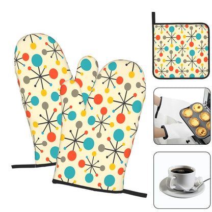 Mid Century Fifties Modern Atomic Retro Oven Mitts and Pot Holders Sets of 3, Yellow Kitchen Decor or Accessories, Heat Resistant Hot Pads Oven Gloves,Cooking Grilling Baking Gifts for Women