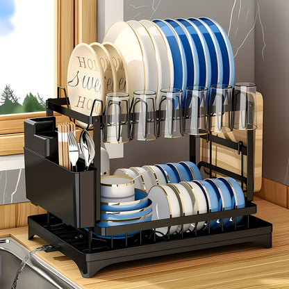 Savemora 2-Tier Dish Drying Rack with Auto-Drain & Utensil Holder – Space-Saving Kitchen Counter Organizer