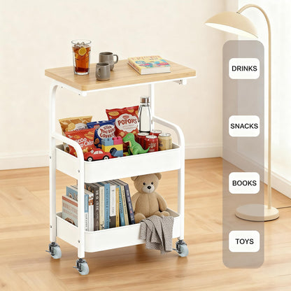 ULIKEUS Rolling Cart with Wooden Tabletop 3-Tier Metal Utility Rolling Cart Storage Organizer with Lockable Wheels for Kitchen, Office, Bedroom