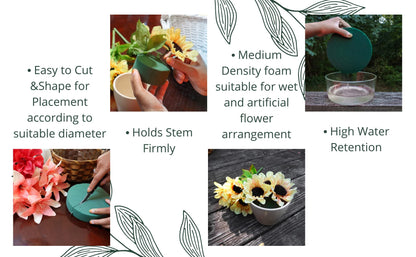 Pack of 6 FLOFARE Round Floral Foam Blocks for Fresh and Artificial Flowers, (6" X 1.4"), Dry & Wet Green Flower Foam for Flower Arrangements and Florist Supplies