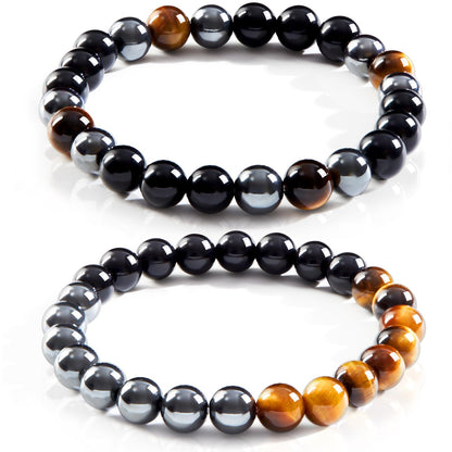 CATHESSE 2PCS Triple Protection Bracelet Set, Natural Tiger Eye Black Obsidian Hematite Beaded Stretch Bracelets for Men Women, Handmade Crystal Jewelry Gift for Stress Relief & Balance (Guardian Stack)