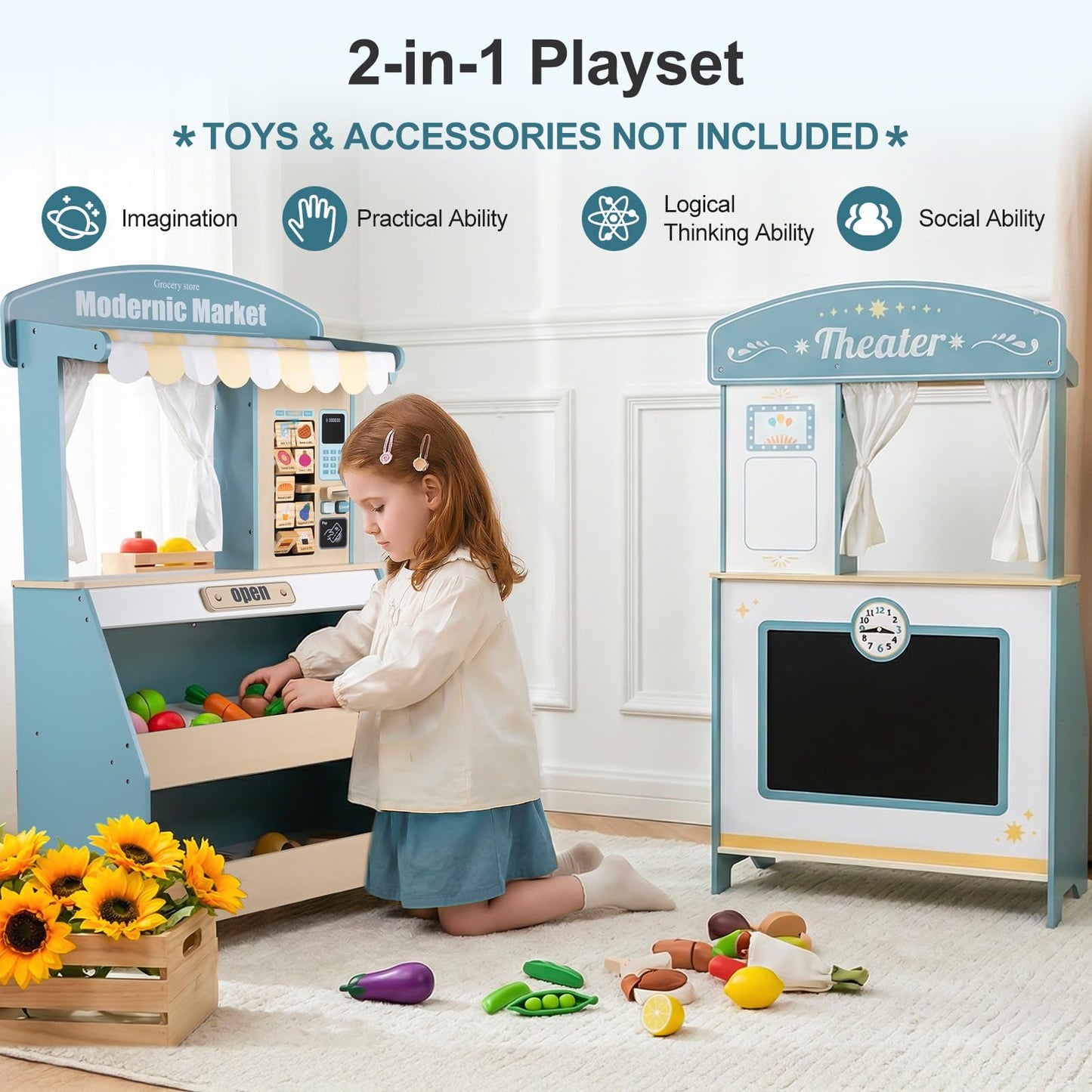 DREAM BUILDING Kids Grocery Store Pretend Play, Puppet Theater&Grocery Store Playset Toy Double-Sided, Toddler Supermarket Toy Cash Register w/Blackboard, Display Shelves, Gift for Boys Girls, Blue