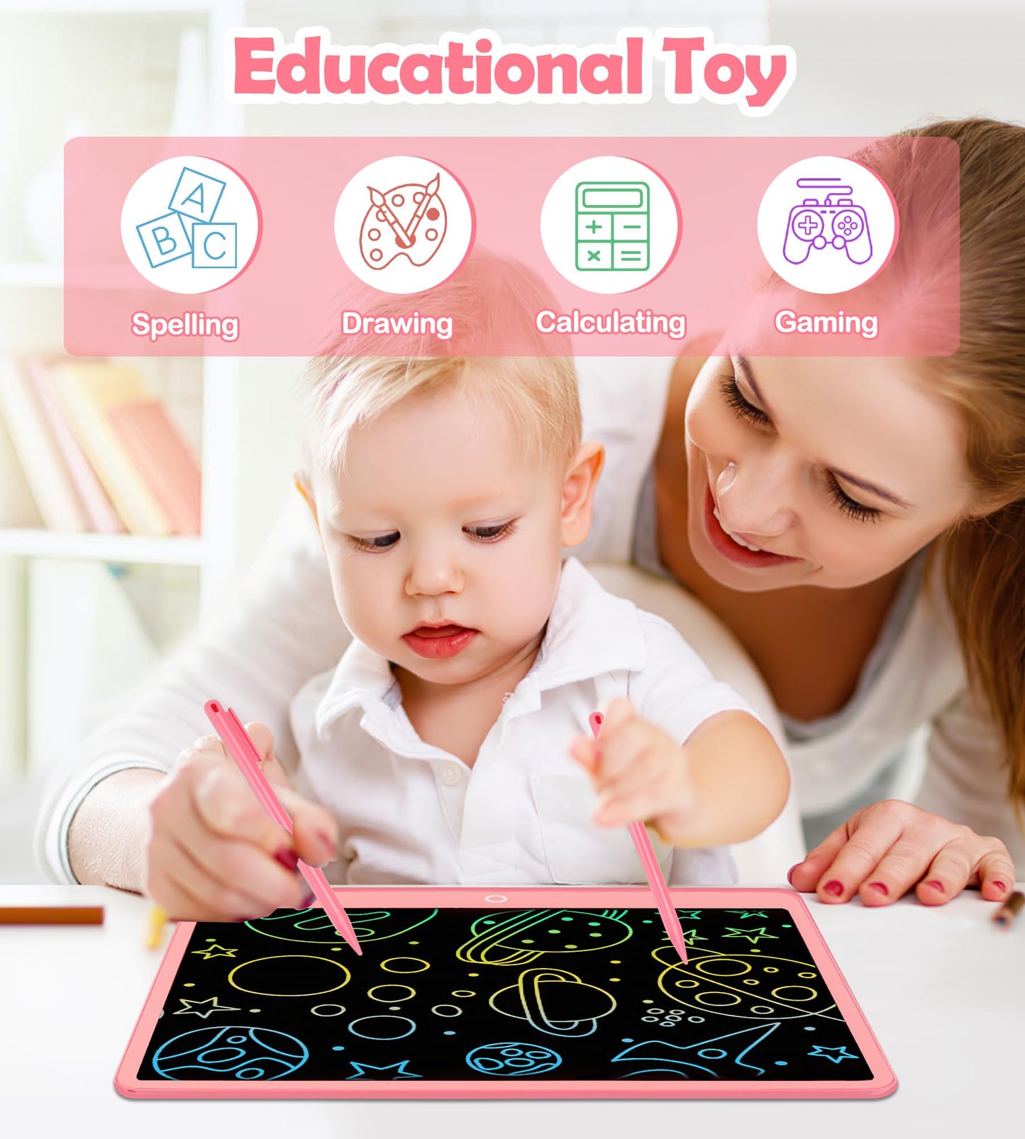 LCD Writing Tablet Doodle Board, 16inch Colorful Drawing Tablet Writing Pad, Kids Travel Essentials, Toddler Toys for 3 4 5 6 7 8 Year Old Girls Boys- Christmas and Birthday Gifts