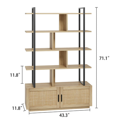 5 Tier Rattan Bookshelf with Storage Cabinet & Door, 71.1 Inch Tall Industrial Book Shelf with Open Display Shelves, 5 Shelf Bookcase with Metal Frame for Living Room, Bedroom (Wood)