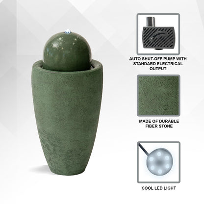 XBrand 26" Modern Sphere Water Fountain with LED Light – Indoor Outdoor Stone Texture Floor Fountain, Zen Bubbling Ball Water Feature for Garden Patio Porch - Green