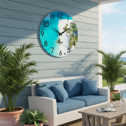 Crosstime 14 Inch Outdoor Wall Clock - Waterproof Tempered Glass, Silent Non-Ticking Easy to Read, Blue Beach Nautical Coastal Decor for Patio, Pool, Garden, Backyard