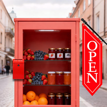 Locking Metal Cash Box with Key – 10.2"x5.7"x2.8" Money Collection Safe for Farm Stand or Retail – OPEN Flag Banner Kit with Pole & Bracket, Double-Sided Canvas Open Sign 42"x12" (Red)