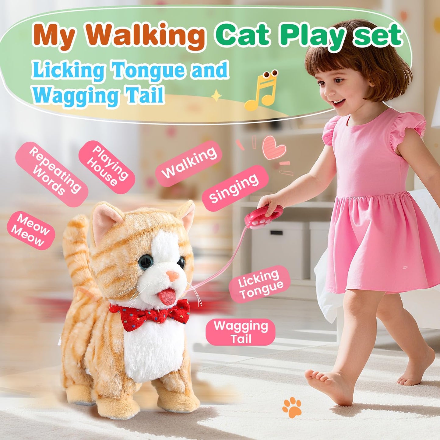 Yellow Walking Cat for Girls Set Toy Talking Singing Animated Robot Kitty Interactive Plush for Cat for Kids Kitten Robotic Plush That Meow and Purrs Electric Robot for Toddlers Baby