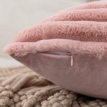 ZLINA Set of 2 Baby Pink Faux Fur Decorative Throw Pillow Covers Fluffy Striped Pillowcase Cushion Covers 12 x 20 Inch Decor Sofa Couch Bedroom