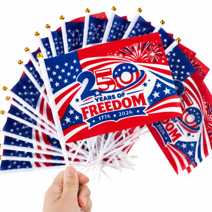 America 250th Anniversary Stick Flags 25/50 Pack – 1776-2026 Patriotic Hand Held American Flags, Small Mini USA Flags for Parade, Party, Classroom, Memorial Day, Independence Day & July 4th Decorations (25)