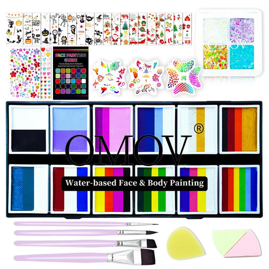 48 Colors Face Painting Kit for Kids & Adults, Non-Toxic Water Based Face Paint Palette with12 Rainbow Split Cakes +4 Sequins Gels, Includes Brush,Stencils,Glow Stickers Halloween Christmas Body Paint