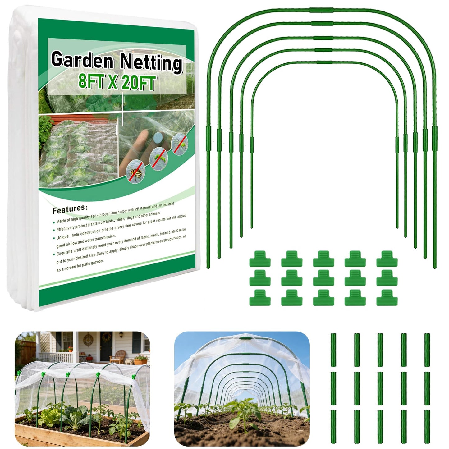 Garden Netting Kit for Raised Beds, Ultra Fine Garden Mesh Netting 8x20ft & 5 Sets Garden Hoops with Clips, Row Cover Net Protection Plant Covers Set for Greenhouse Vegetable Fruits Flowers Barrier