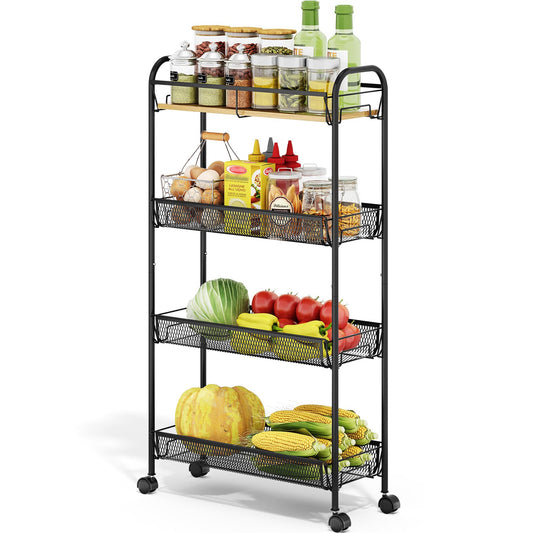 TOOLF 4-Tier Slim Rolling Cart, Metal Utility Cart, Slide Out Storage Cart with Wooden Tabletop and Mesh Baskets for Narrow Space on Kitchen Bathroom Laundry Room Bedroom Apartments Dormitory