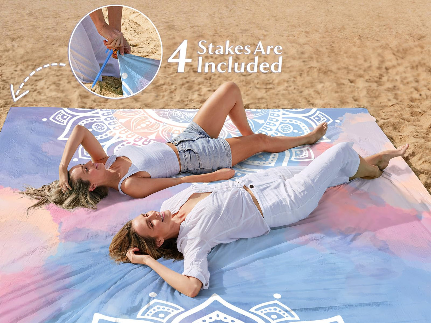 AlphaBeing Beach Blanket Waterproof Sandproof, Extra Large Beach Mat for 1–8 Adults, Oversized Picnic Blanket with 4 Stakes & Storage Bag, Essential Beach Gear for Travel (Mandala, 120“×108”)