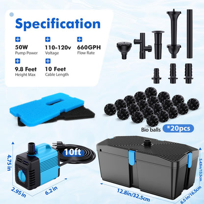 FEOXSHAL Pond Filter with Fountain Pump Kits, 50W 660GPH Pond Pump and Filter Kit with Submersible Water Pump Flow Ajustable for Outdoor Ponds Koi Pond Garden Fish Tank Water Features