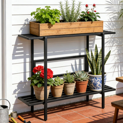 LLAXERGU Heavy Duty Plant Stand Outdoor Indoor, Large Metal Plant Stand 48" L x 10" W x 38" H Outdoor Plant Stands 2-Tier Flower Pot Stand 500 LBS Capacity for Patio Garden
