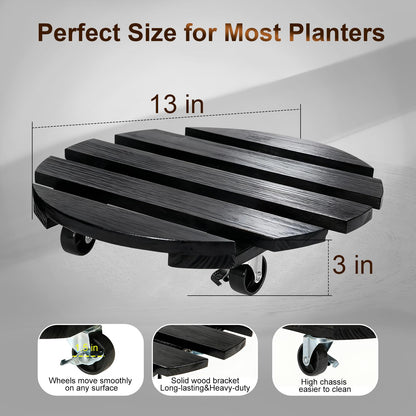 IBGUC 2 Pack Plant Caddy with Wheels 13'' Rolling Plant Stand Indoor Outdoor, Heavy Duty Wooden Plant Stand with Wheels 300Lbs Capacity with 360°Lockable Rolling Base for Pot, Planter, Tray, Patio