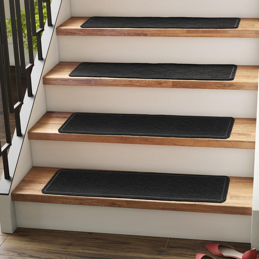 RIOLAND Carpet Stair Treads for Wooden Steps Indoor 9" x 36" Non Slip Stair Treads for Wood Stair with Reusable Adhesive, 15 Pack Peel and Stick Stair Runner for Kids Elders and Dogs, Diamond Black