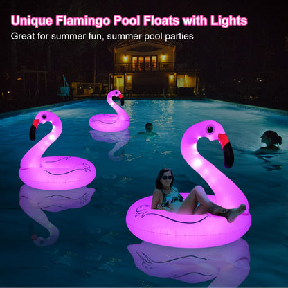FlyfreeU Flamingo Inflatable Pool Floats with Lights, Solar Flamingo Pool Floats for Adults, 42 Inch Pool Float Lake Beach Floaty, Swimming Pool Float Raft Lounge for Adults Party Water Fun