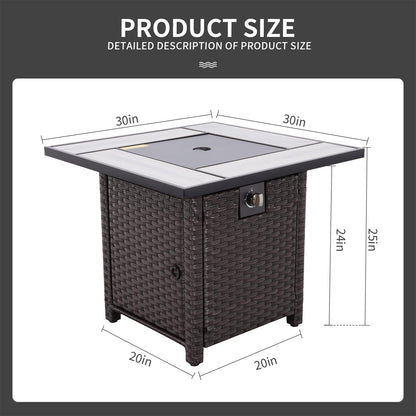 Outdoor Propane Fire Pit, 30 Inch PE Wicker Patio Firepit Table with Fire Glass for Outside Parties and Gatherings on Garden Backyard Porch