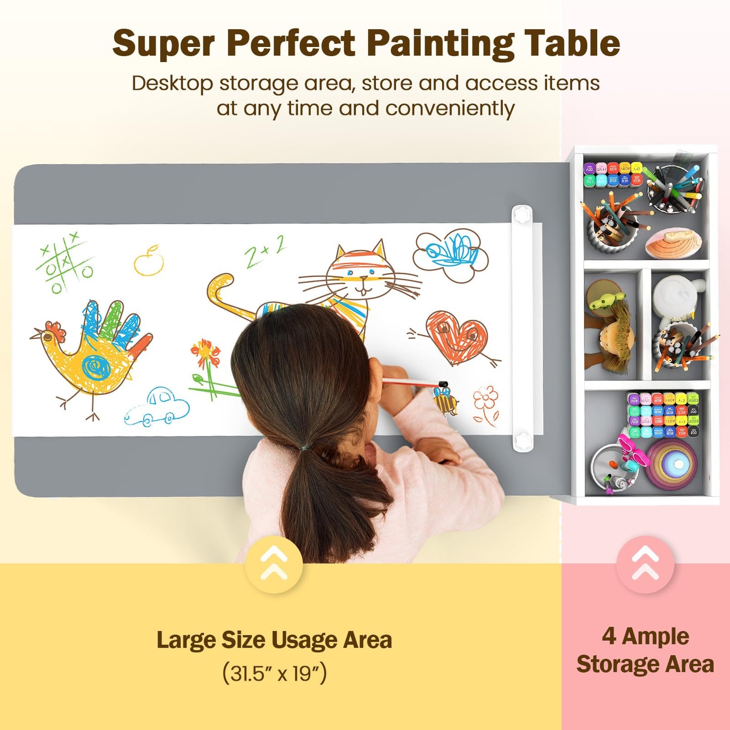 INFANS Kids Art Table and Chair Set, Toddler Craft Play Wood Activity Desk with Paper Roll 2 Chairs Storage Canvas Bins for Writing Drawing, Children Furniture for Daycare Nursery Boys Girls Ages 3+