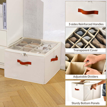 INSTY Shoe Organizer for Closet, 2 Pack Foldable Shoe Storage Containers, Fits up to 16-32 Pairs, Adjustable Dividers for Shoe Organizer, Fabric Shoe Storage Bins with Clear Cover, Beige