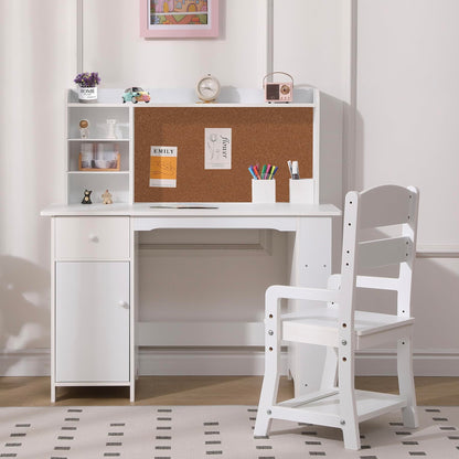 Garvee Kids Desk, Study Desk and Chair Set for Boys and Girl, Wooden Kids Writing Table with Bookshelf, Bulletin Board, Cabinet and Drawer for Ages 3-8, White