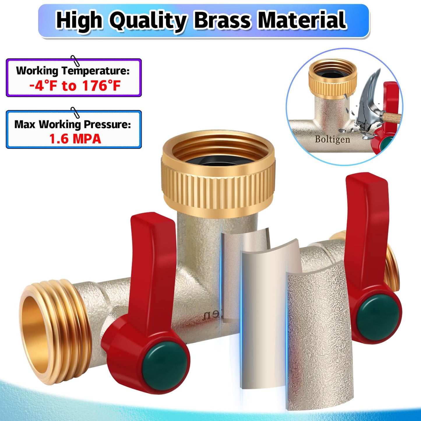 Boltigen 3/4’’ GHT Garden Hose Splitter，2 Way Heavy Duty Water Hose Splitter, Brass Nickel Plated Outdoor Faucet Extender Splitter, T Type 180 Degree Garden Hose Bib Splitter with Shut-Off Valves