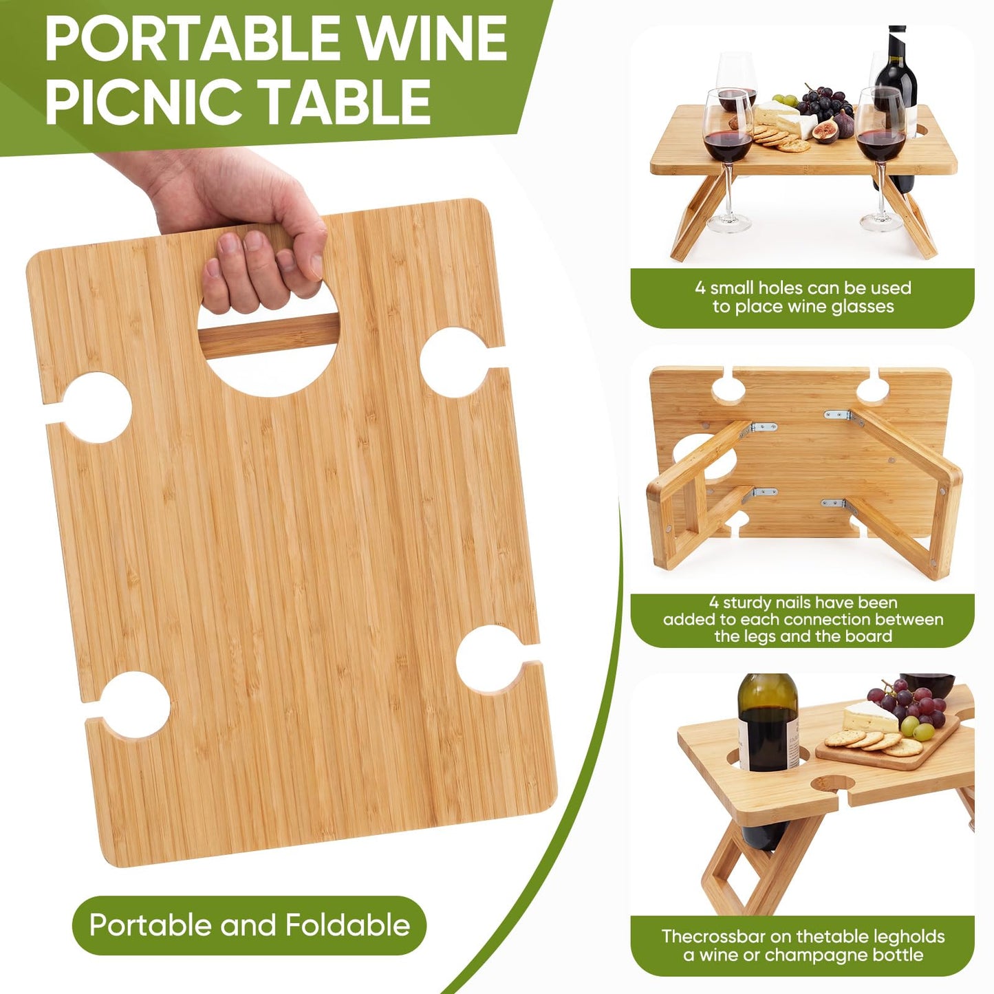 Dumbpec Bamboo Wine Picnic Table, Foldable Portable Charcuterie Tray with Bottle Slot and 4 Glass Holders, 15.6 x 11.7 x 7.5 in, for Beach, Park, Camping