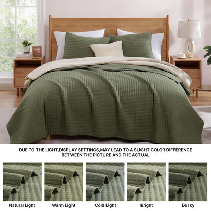 WRENSONGE Queen Quilt-3 Pieces Lightweight Bedspreads Olive Green Queen Size Quilt Bedding Set for All Seasons, Soft Summer Coverlet with 2 Pillow Shams Suitable for Bed & Couch