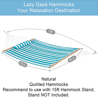 Lazy Daze Hammocks 12FT Quilted Fabric Double Hammock with Spreader Bars and Detachable Pillow, 2 Person Hammock for Outdoor Patio Backyard Poolside, 450 LBS Weight Capacity, Sailor Stripe