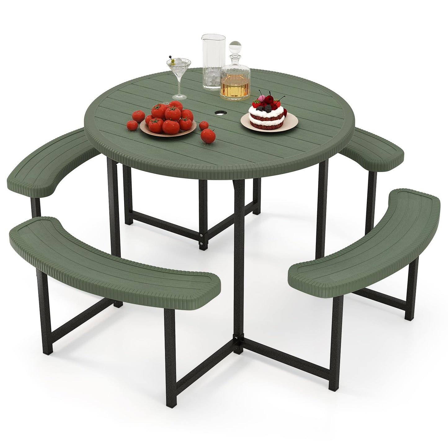 Giantex Picnic Table Bench Set for 4-8 Person, Round 37” Outdoor Dining Table w/Umbrella Hole, HDPE Tabletop, Metal Frame, Patio Furniture Set for Backyard Porch Lawn, 1400lb Capacity (Green,Round)