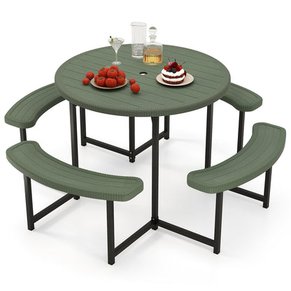 Giantex Picnic Table Bench Set for 4-8 Person, Round 37” Outdoor Dining Table w/Umbrella Hole, HDPE Tabletop, Metal Frame, Patio Furniture Set for Backyard Porch Lawn, 1400lb Capacity (Green,Round)