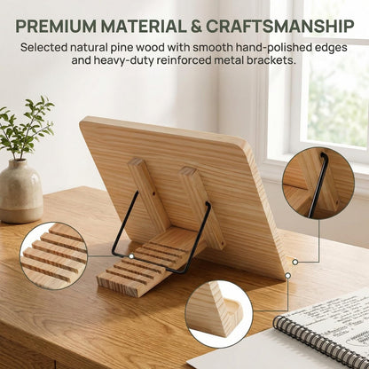 Reading Rack Wooden Bookshelf - Book Stand Foldable with 8 Adjustable Positions and Page Clips,Suitable for cookbooks、iPads、laptops、Sheet Music、and Reading Stands (13.4x9.45inch)