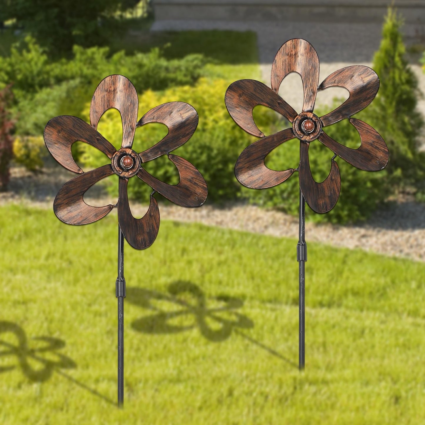 Aoutrow 3 Pack Wind Spinners with Metal Stake, 16.3 Inches Outdoor Wind Catcher Garden Sculptures Bronze Metal Windmill for Spring Garden Yard Lawn Patio Decoration