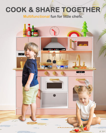 Babytronic Wooden Play Kitchen Set, Pretend Play Kitchen with Lights and Sounds for Kids Ages 3+, Includes Stove, Oven, Microwave, Coffee Maker, and Accessories, Toy Kitchen Set for Toddlers (Pink)